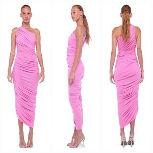 Norma Kamali Diana Ruched One-Shoulder Midi-Dress in Candy Pink XL NWT
